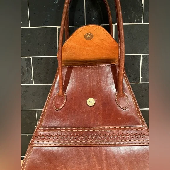 Vintage Brown Leather Bohemian Satchel Purse Bag Tote Western - Picture 2 of 12